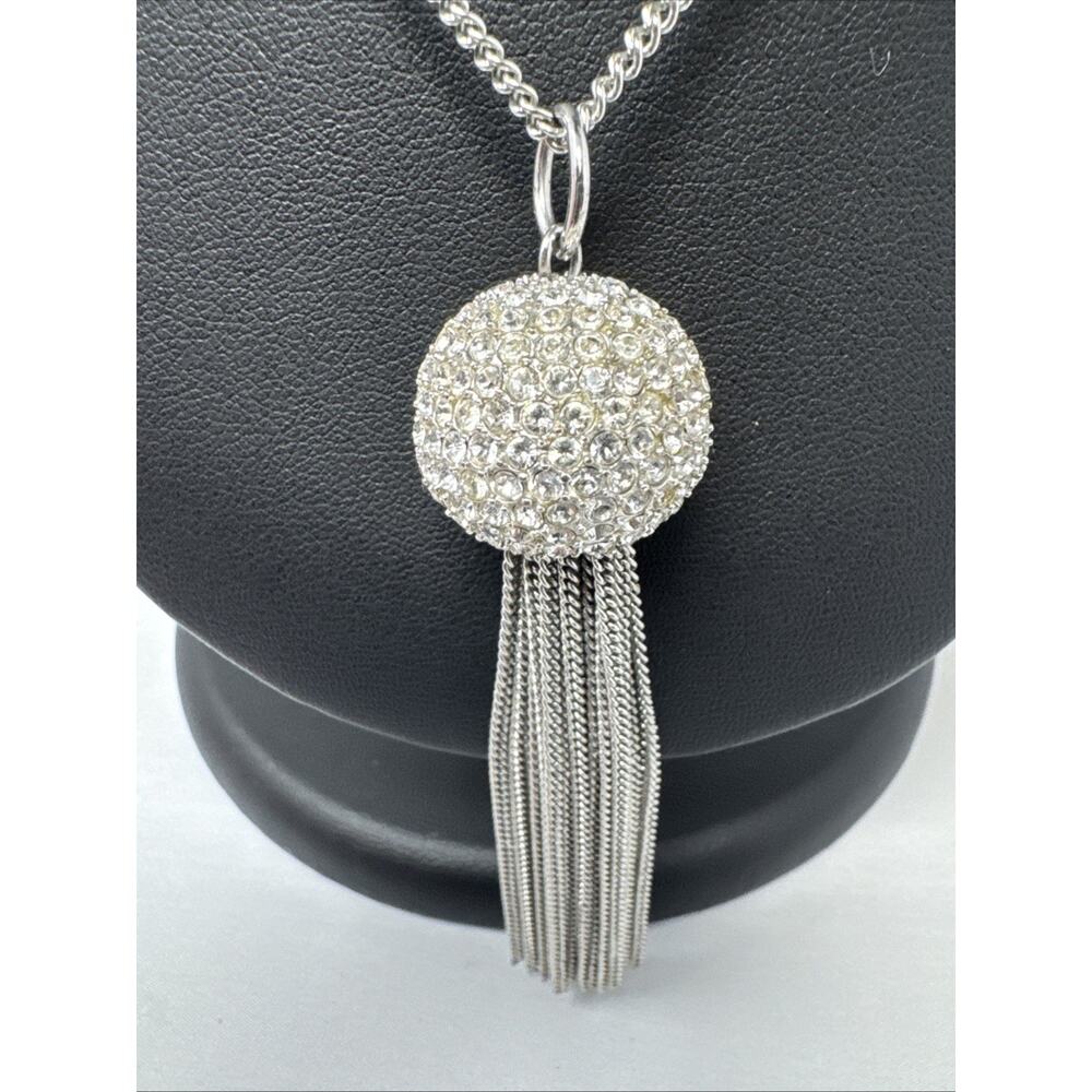 Silver Plated Necklace w/Silver Rhinestone Studded Ball Tassel Pendant - Picture 2 of 4